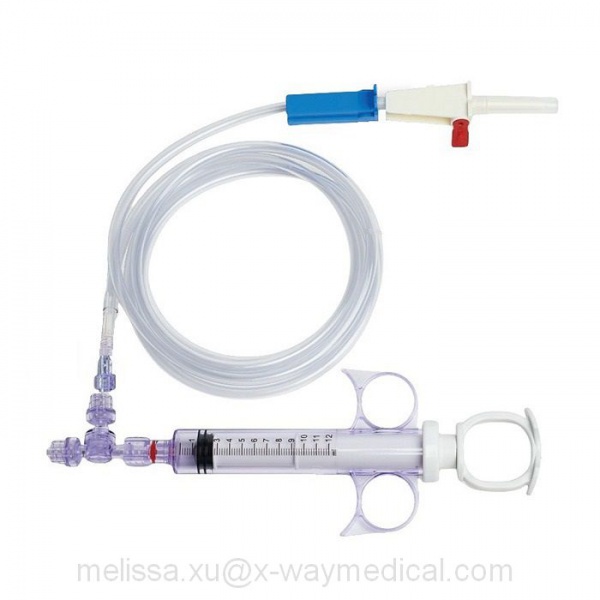 Tumescent syringe kit with 72 inch large bore extension tubing, 12ml control syringe with T dual check valve and vented spike tube
