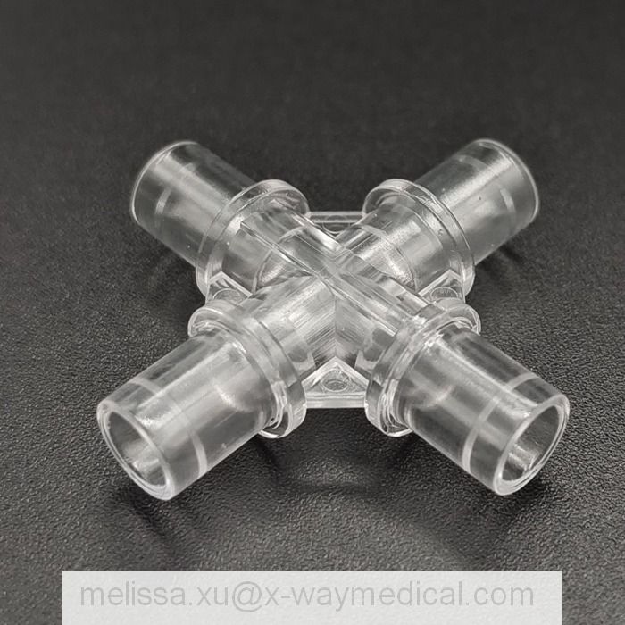 Medical four way plus shape adapter cruciform joint for extension tubing, Stepped barb Female luer lock Cross connector for connecting tube