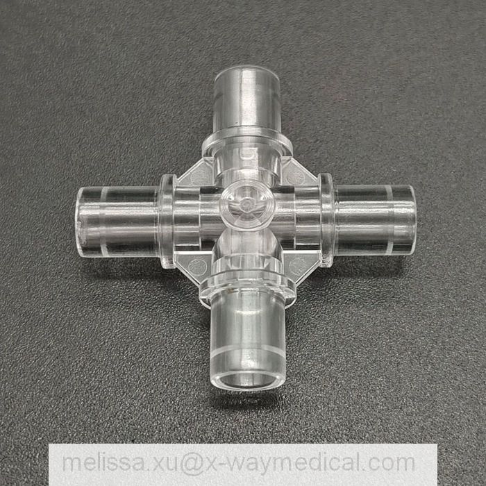 Medical four way plus shape adapter cruciform joint for extension tubing, Stepped barb Female luer lock Cross connector for connecting tube
