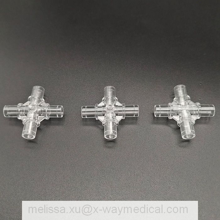 Medical four way plus shape adapter cruciform joint for extension tubing, Stepped barb Female luer lock Cross connector for connecting tube