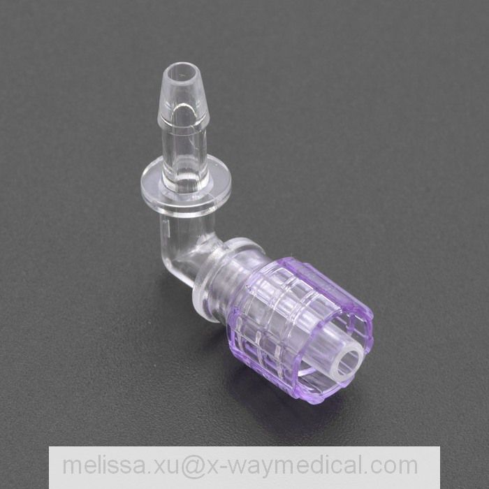 Medical Angled rotary male luer lock connector with barb, 90 degree right angle stepped extension tube connector