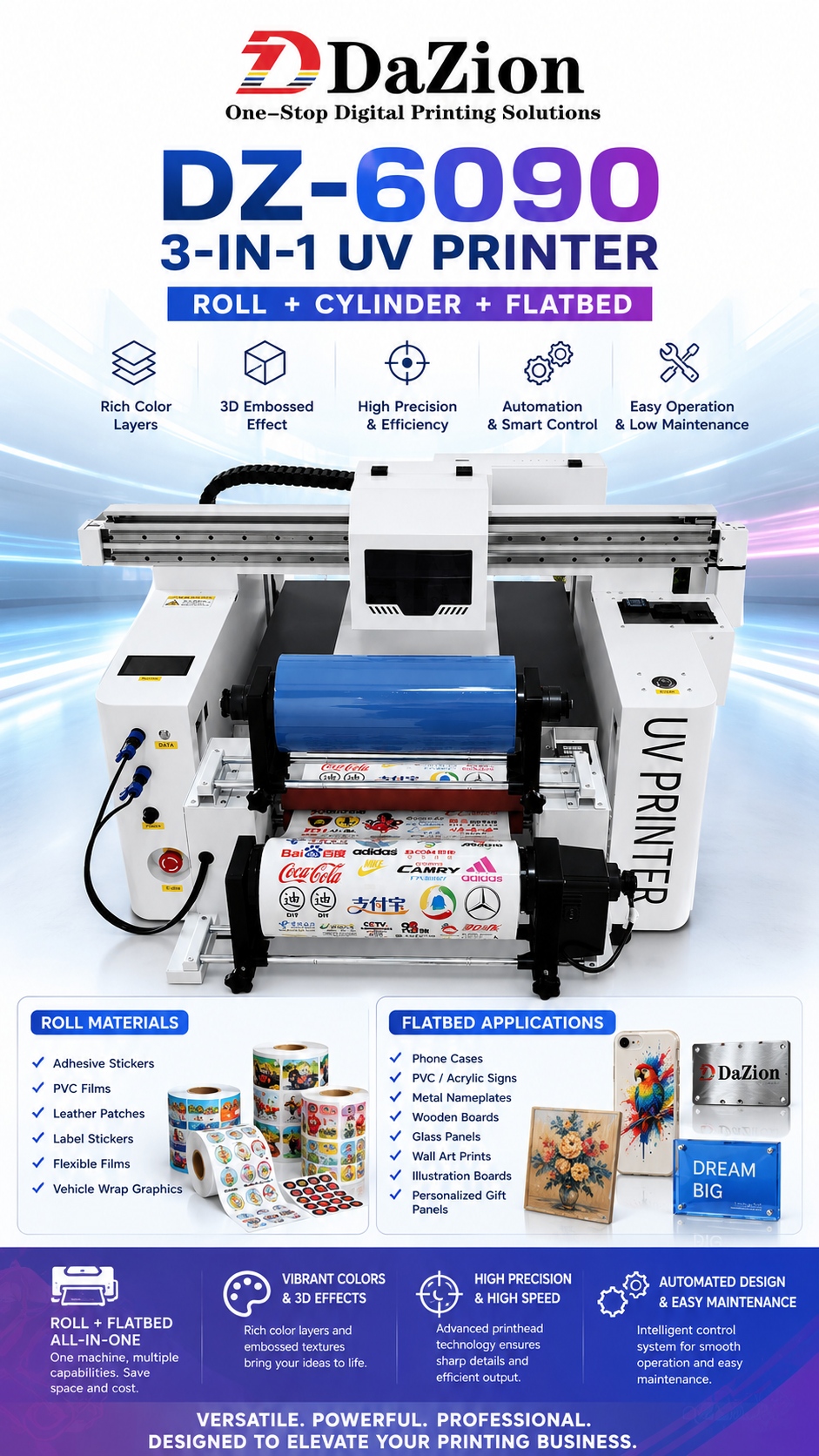 3-IN-1 UV PRINTER   ROLL + FLATBED + CYLINDER