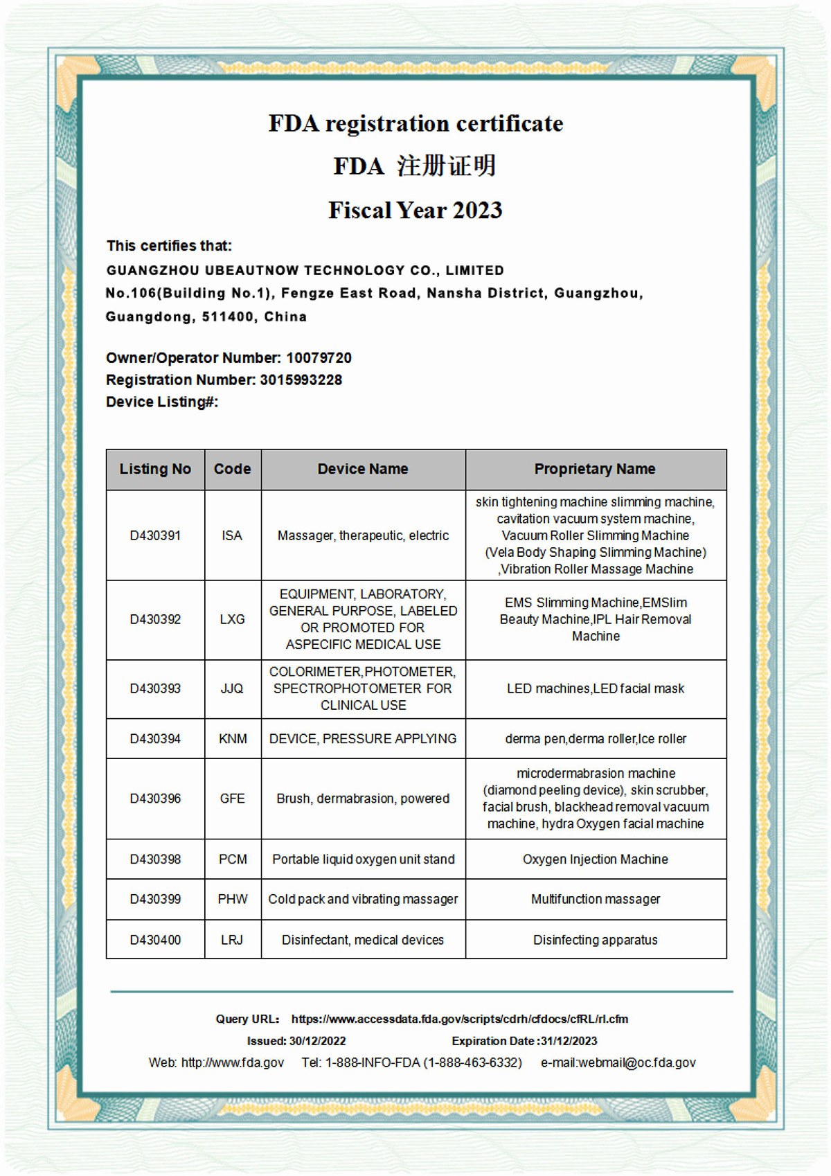 FDA Registration Certificate