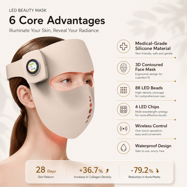 Wireless 5D LED Light Therapy Face Mask – 4-in-1 Red Blue Yellow Infrared Light – Medical Grade Silicone Anti-Aging Skin Rejuvenation Device