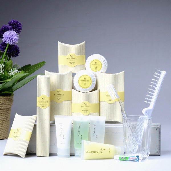 Guest amenities packed in corrugated paper box