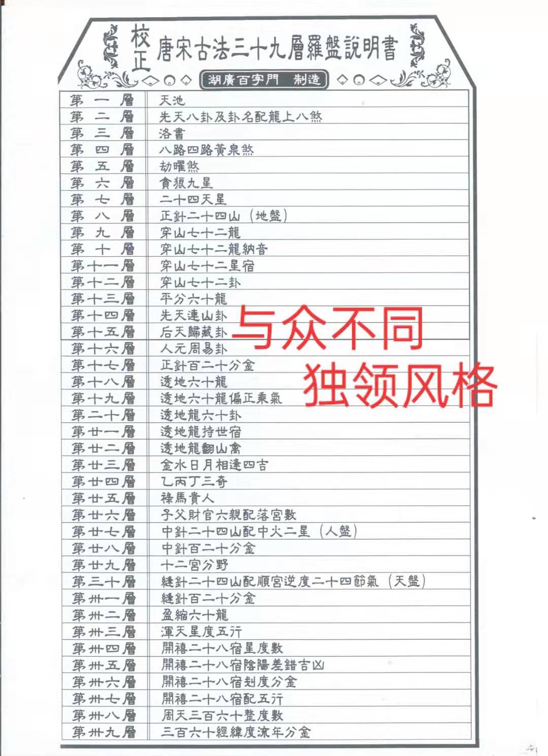 校正唐宋古法三十九层罗盘-湖广百字门
