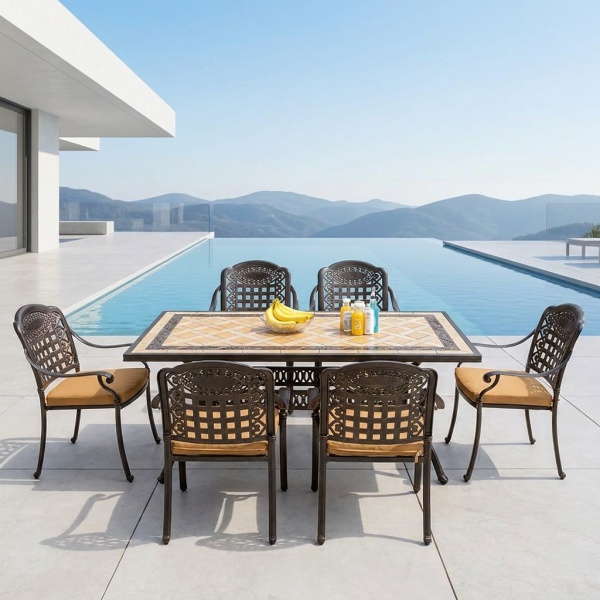 Cast Aluminum Tile Top Outdoor Dining Set 6 Seater Cushioned Armchairs Weatherproof Poolside Backyard Garden Balcony