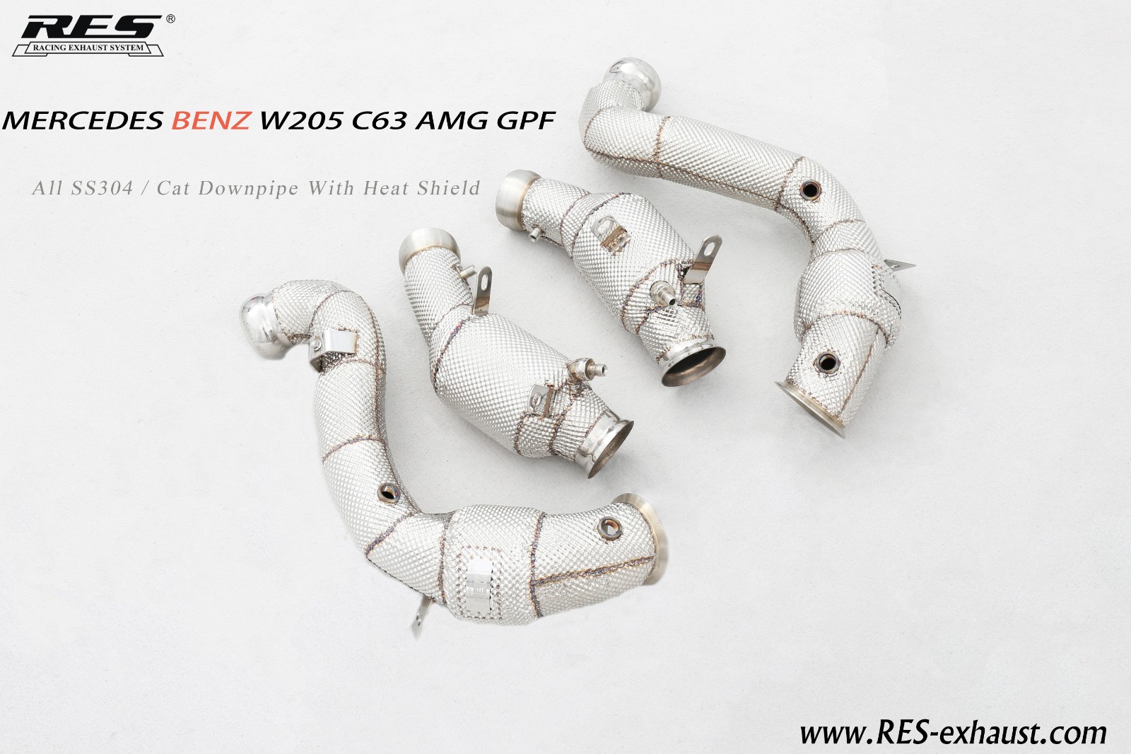 Mercedes Benz C63 W205 All SS304 / Cat Downpipe With Heat Shield