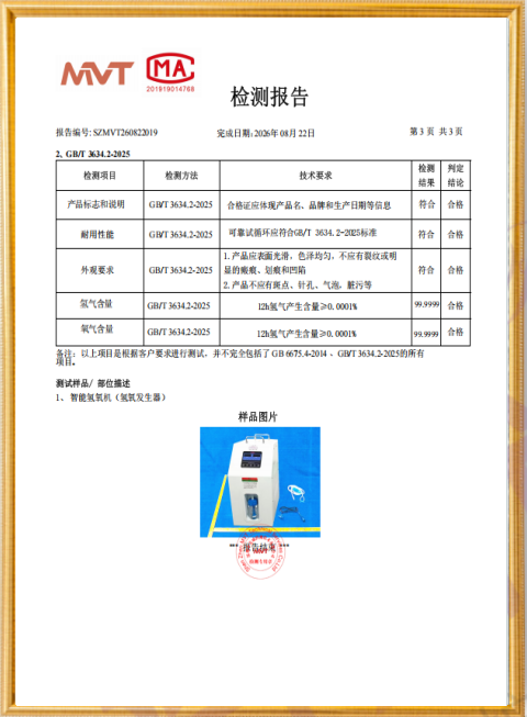 氢气氧气纯度检测报告（报告编号：SZMVT260822019）纯度99.9999%