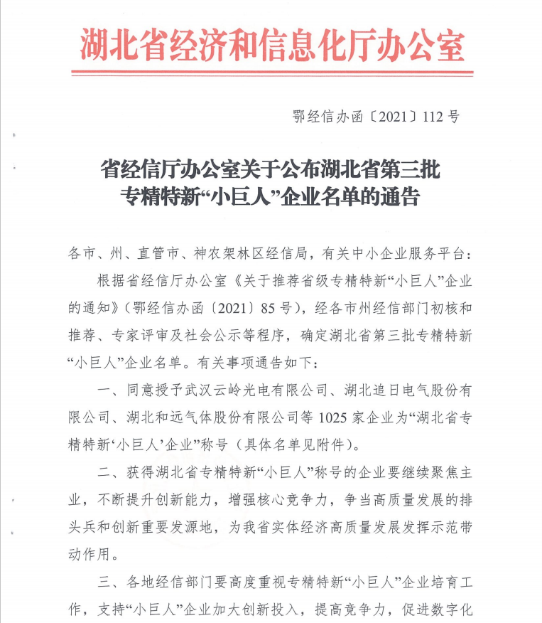 公司荣获“湖北省专精特新‘小巨人’企业”称号