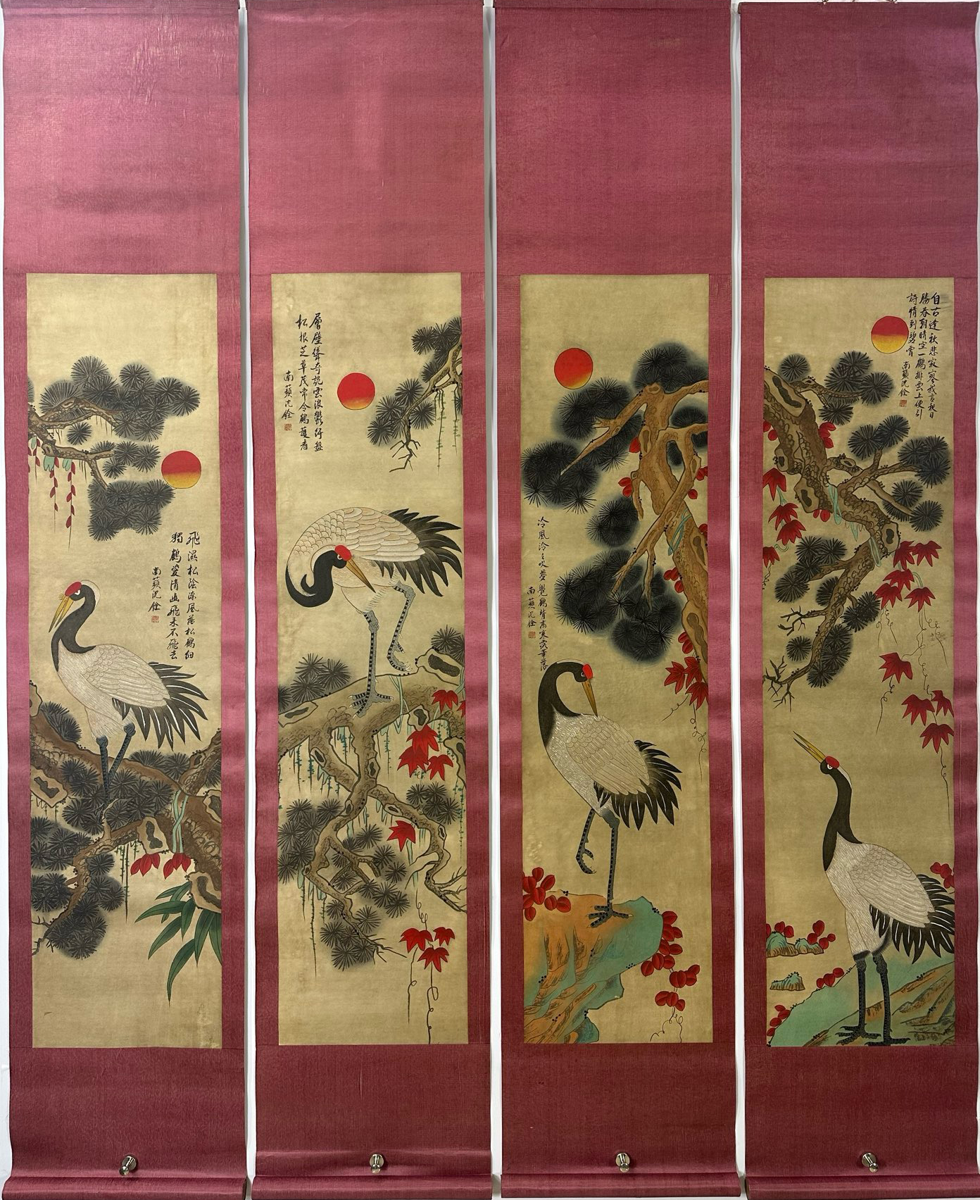 松鹤朝阳四条屏