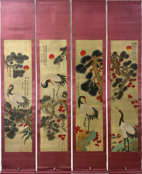 松鹤朝阳四条屏