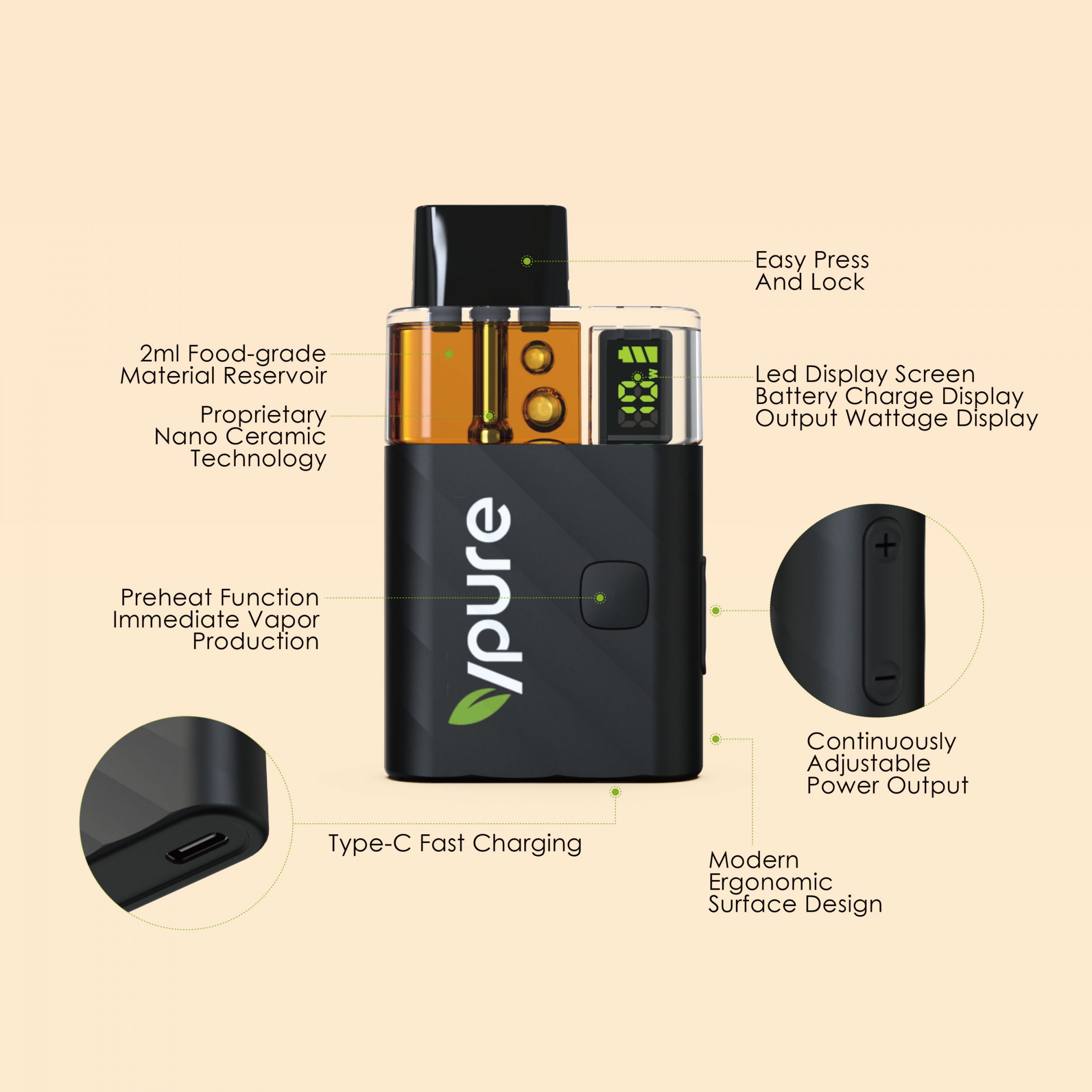 Vpure 3ml/4ml 3g/4g empty disposable vape pen with OLED display screen