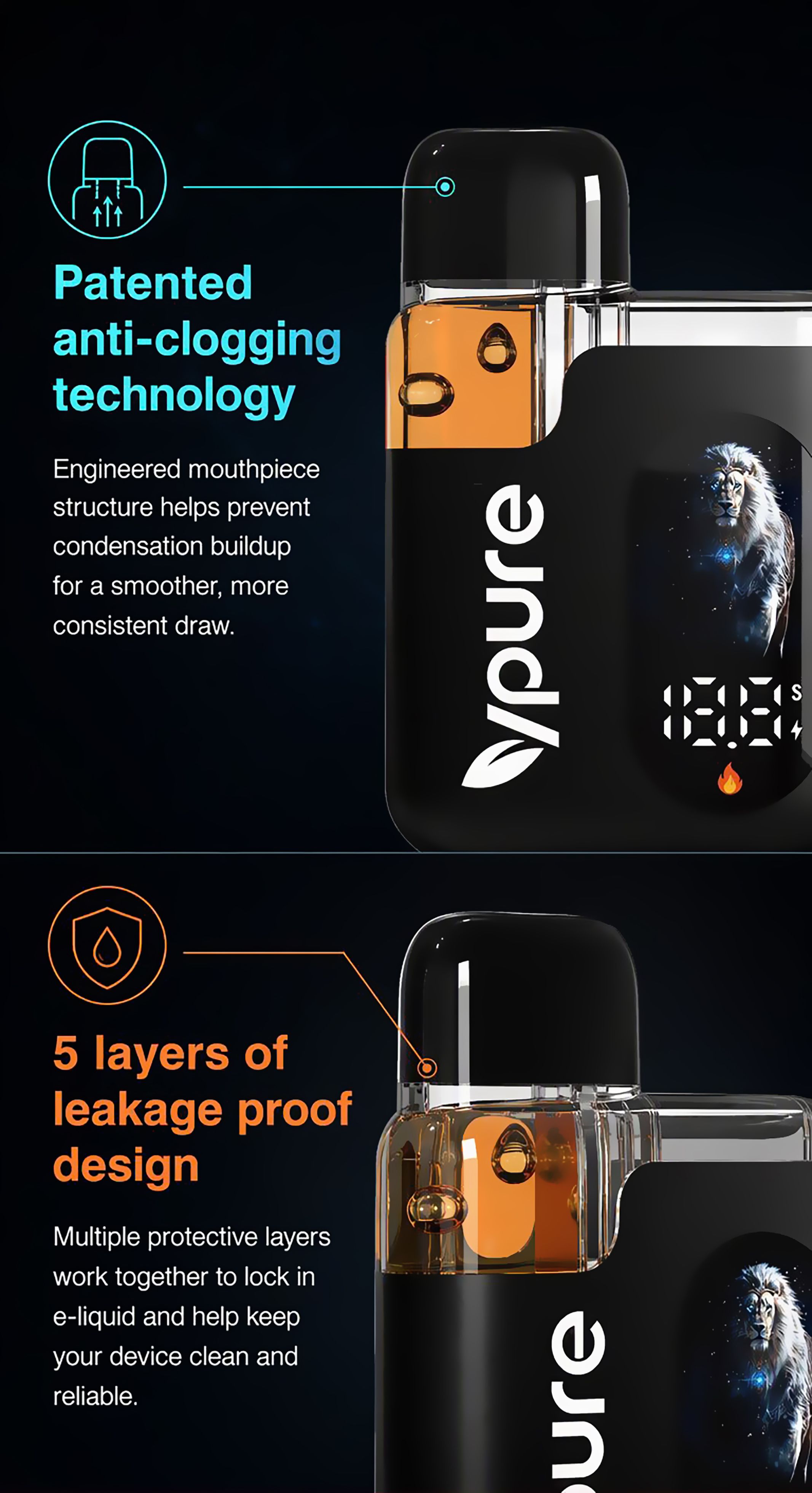 Vpure 1ml/2ml  1g/2g empty disposable vape pen for CBD, THC, live resin and distillate