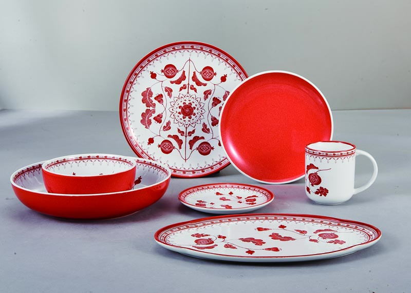 Red patterned traditional elegant dinnerware set