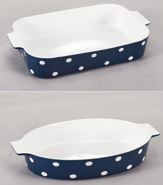 Square oval double size polka dot blue background ceramic baking pan