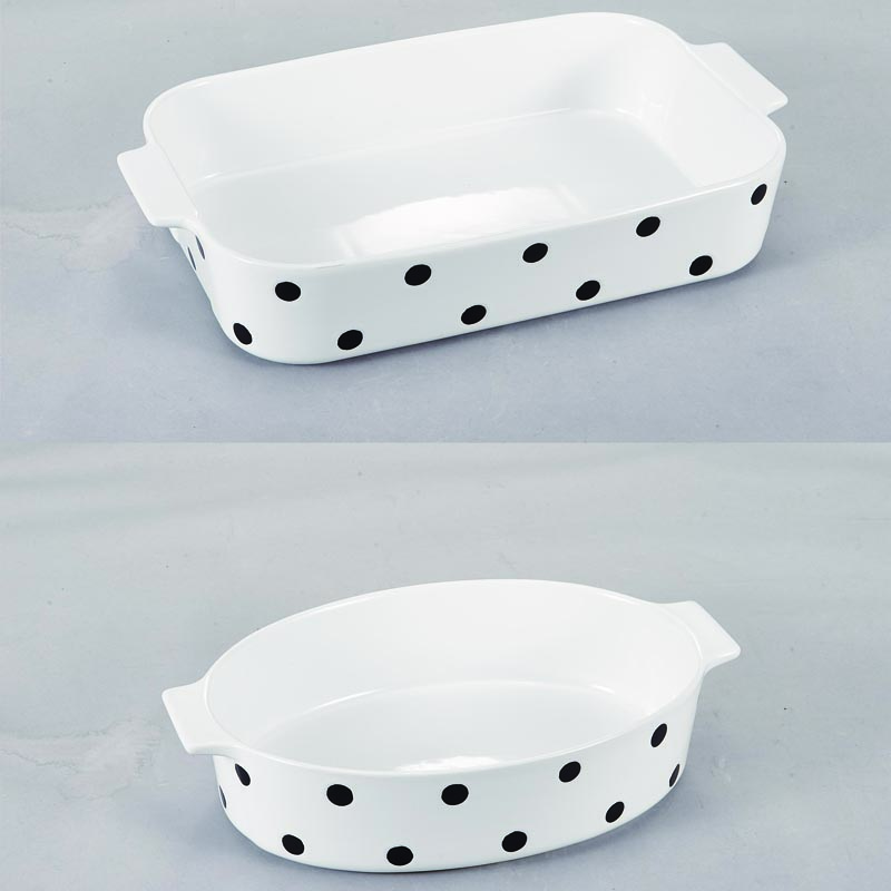 Square oval double size polka dot white porcelain ceramic baking pan