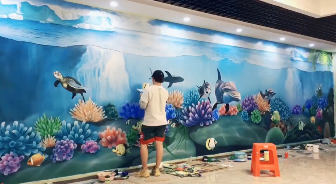 |墙体彩绘|水上乐园海底世界主题墙体彩绘完成。