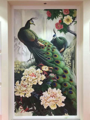 广州客户客厅背景墙彩绘 电视背景墙彩绘 别墅墙绘 孔雀