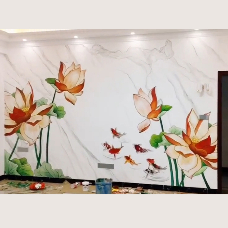 客厅背景墙绘 肌理底背景 荷花