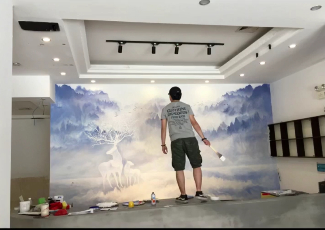 肇庆客户客厅背景墙绘 鹿