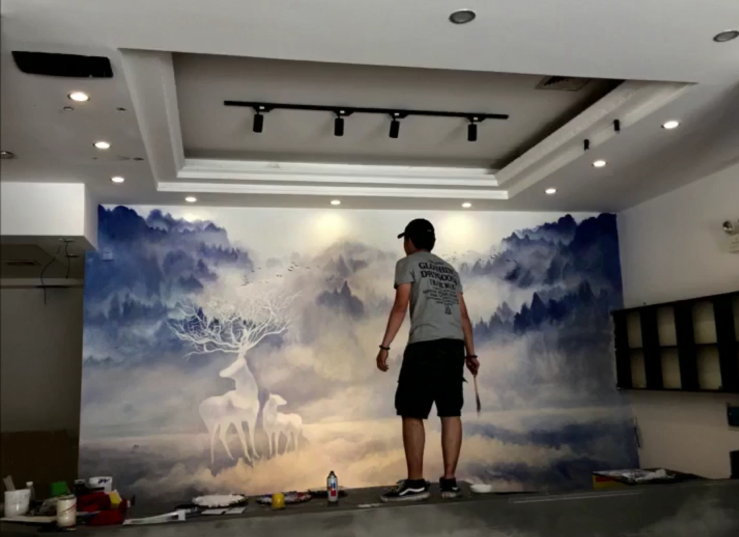 肇庆客户客厅背景墙绘 鹿