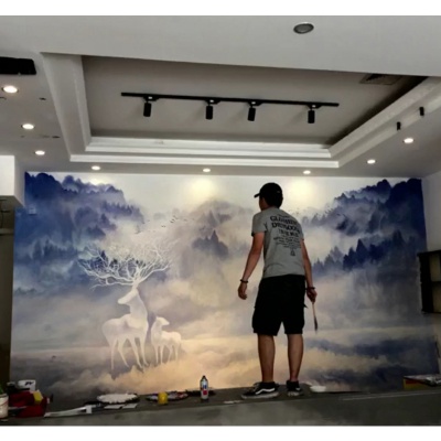 肇庆客户客厅背景墙绘 鹿