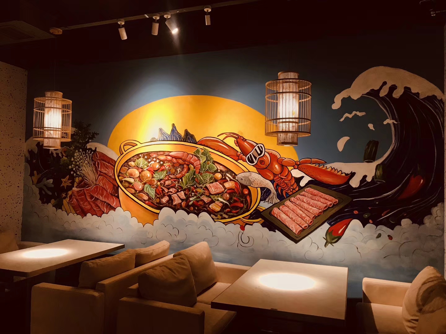 广州香锅店墙绘 火锅店涂鸦  龙虾店彩绘 餐厅墙绘