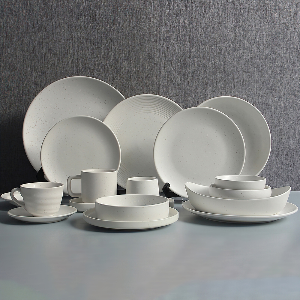 White Ceramic Dinnerware Set With Blue Speckles