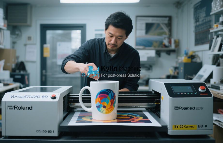 A compact UV printer personalizing a rigid box on a workshop table.
