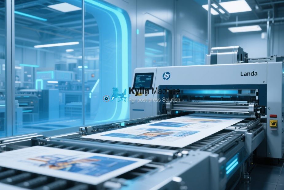 A close-up of a high-tech digital printing press in operation