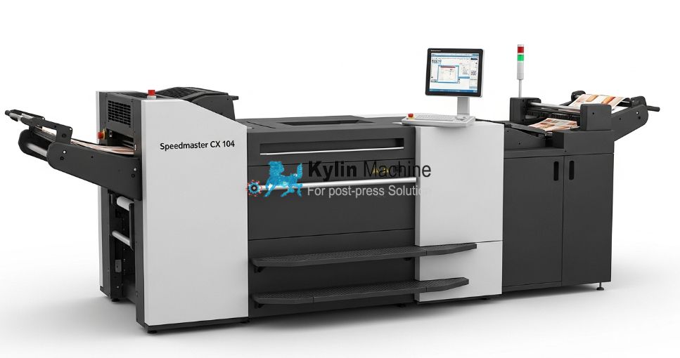 A modern printing press like the Heidelberg Speedmaster CX 104 in a clean factory.