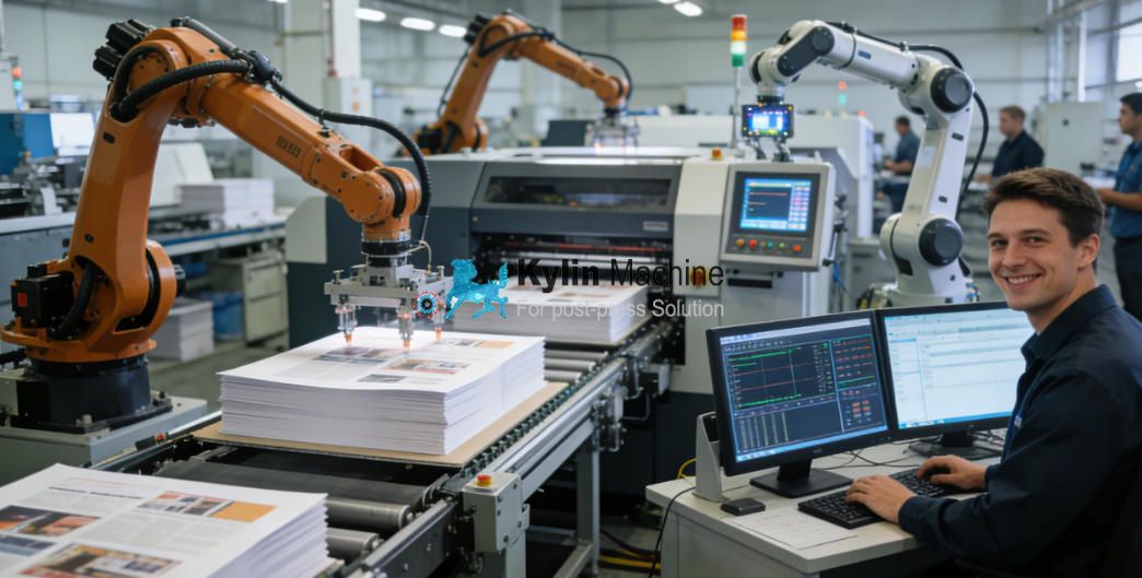 A futuristic image of a robotic arm working in a printing facility