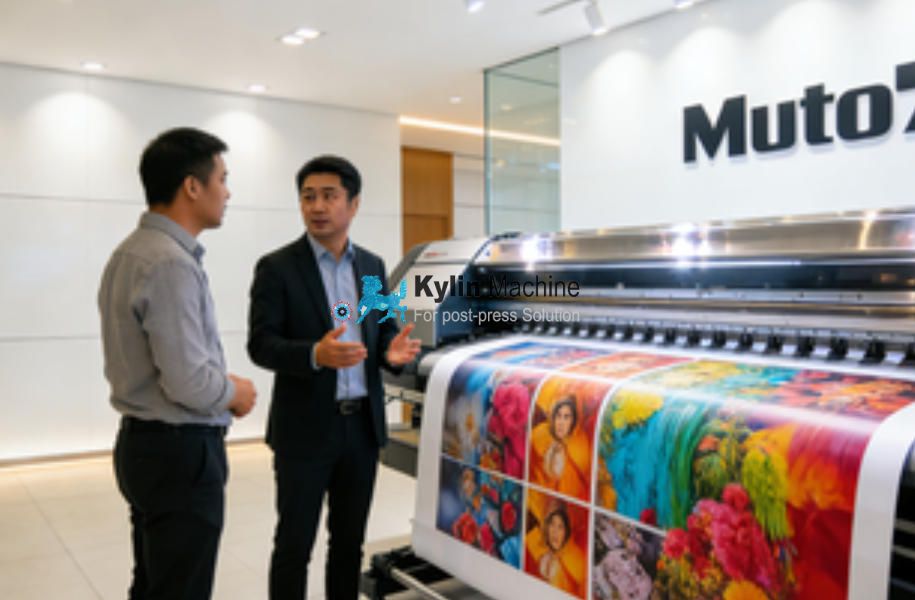 A modern wide-format printer in a clean showroom