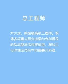 总工程师：尹少斌，教授级高级工程师。取得多项重大研究成果和专利授权的后成型法活性炭成型、深加工与改性应用技术的重要开拓者。