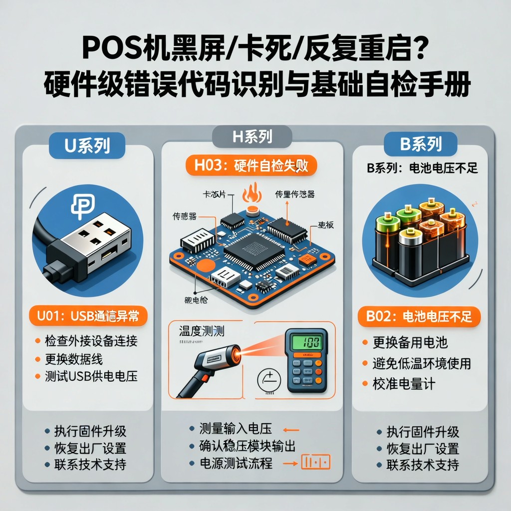 POS机黑屏/卡死/反复重启？硬件级错误代码（如U01、H03）识别与基础自检手册