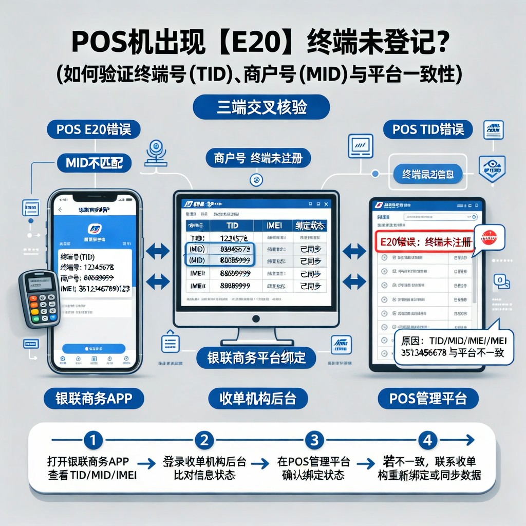 POS机出现【E20】终端未登记？如何验证终端号（TID）、商户号（MID）与平台一致性