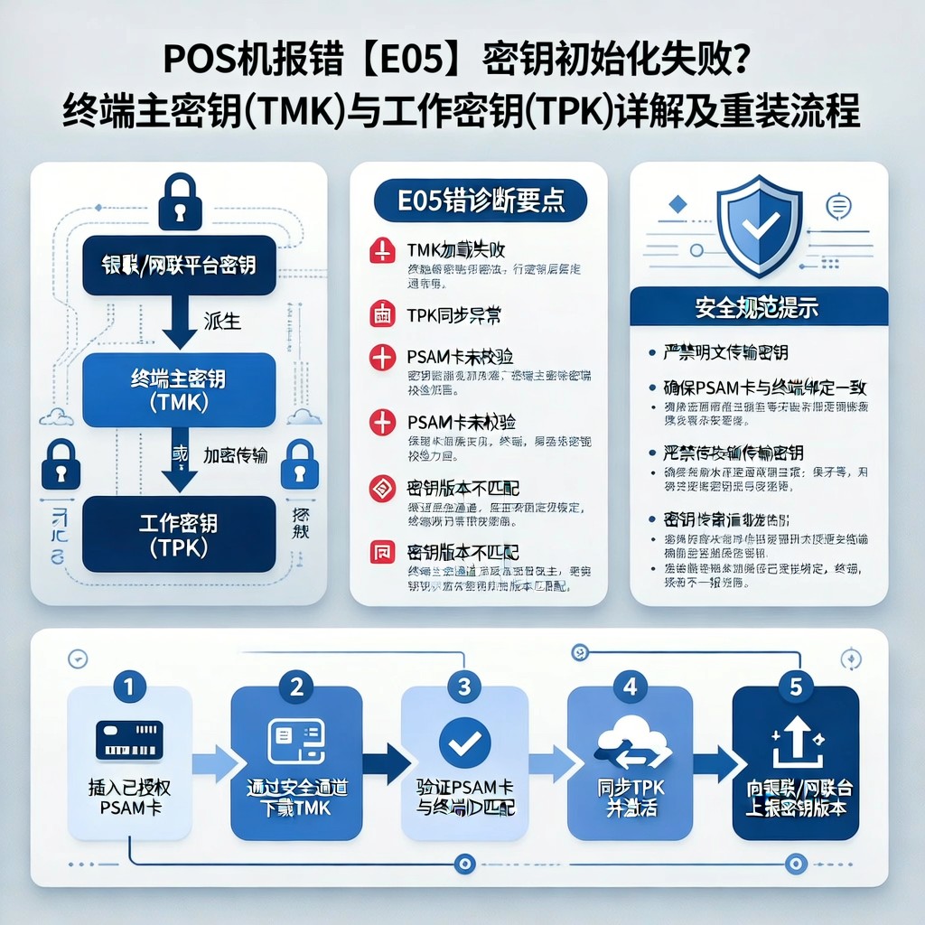 POS机报错【E05】密钥初始化失败？终端主密钥（TMK）与工作密钥（TPK）详解及重装流程