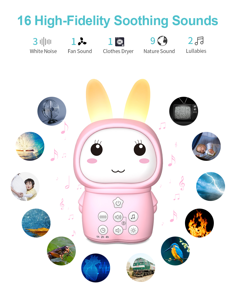 Portable Baby White Noise Machine with Color Night Light – 16 Soothing Sounds, Rechargeable, Travel Friendly, for Babies, Kids 