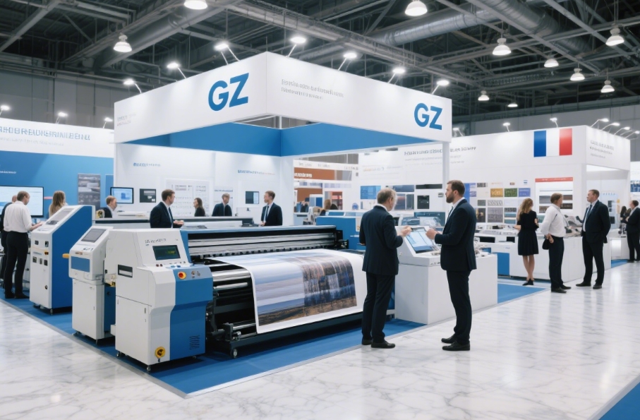 A bustling European printing factory floor