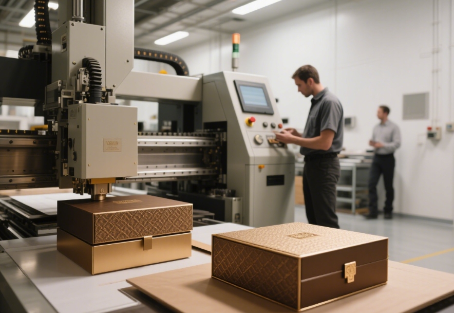 A detailed shot of a high-quality rigid box made with specialized machinery
