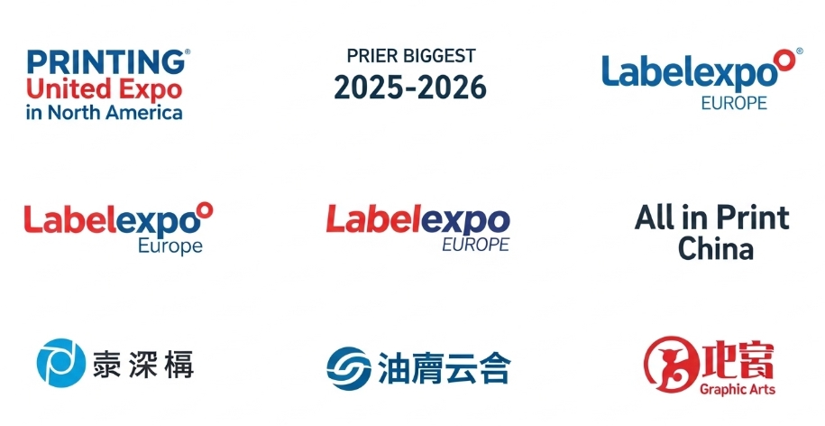 A busy exhibition hall with people looking at printing machinery