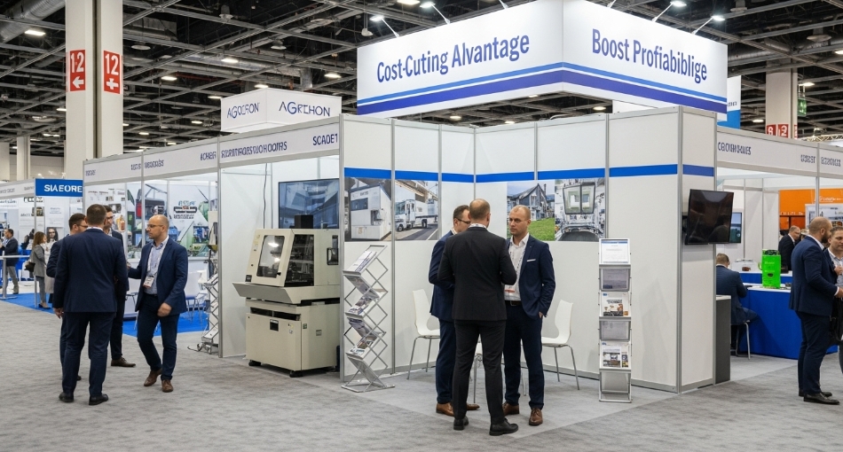 Business people shaking hands in front of an exhibition booth