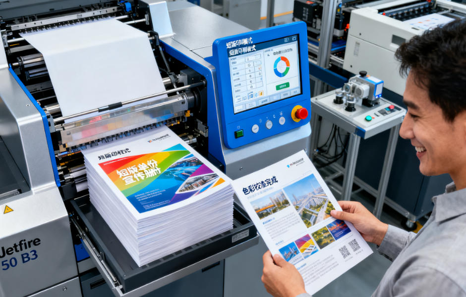 A modern digital printing press in a clean factory setting