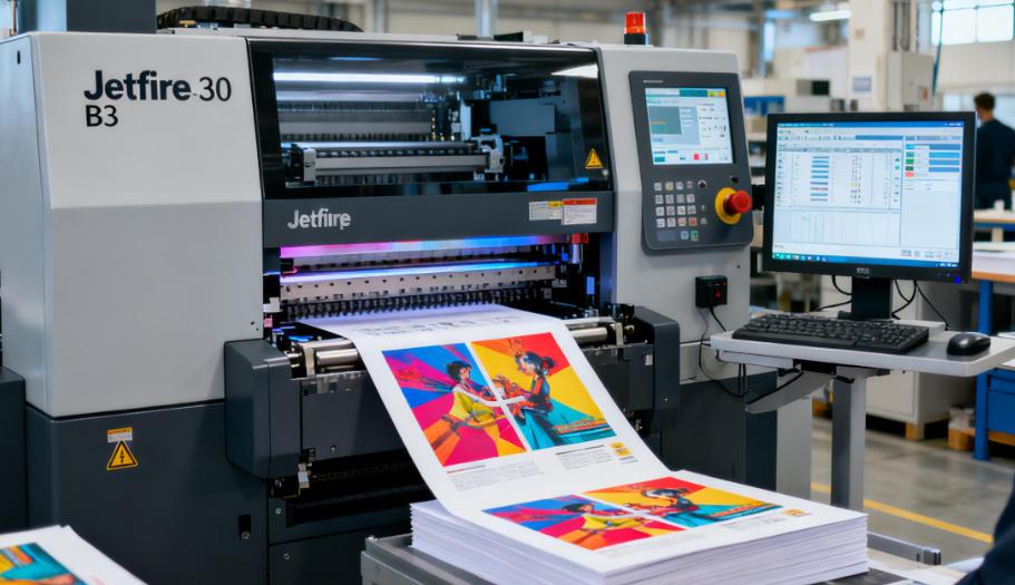 A modern digital printing press in a clean factory setting
