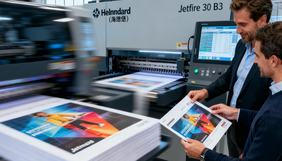 Close-up of a high-speed inkjet printing head in action