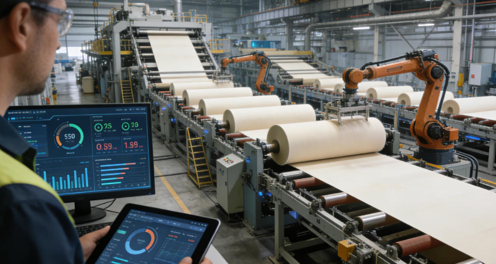 alt with keywords='Paper rolls in a factory representing the paper supply chain'