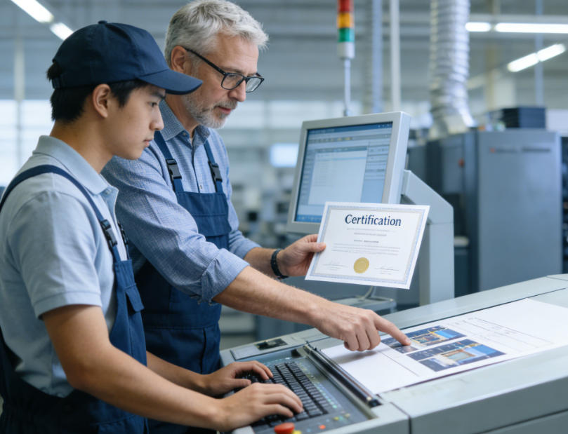 A mentor guiding an apprentice in a workshop