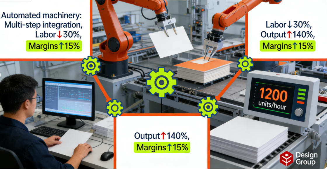 A modern, automated rigid box making machine in action