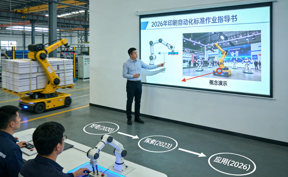 A futuristic image of a robotic arm working in a printing facility